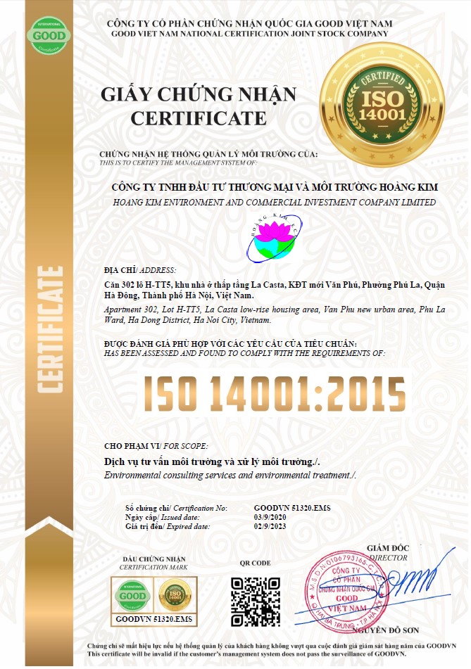Mẫu giấy chứng nhận ISO 14001:2015 Việt Nam