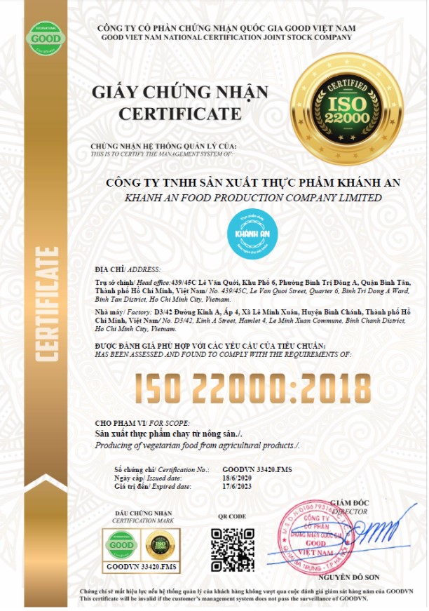 Mẫu giấy chứng nhận ISO 22000:2018 Việt Nam