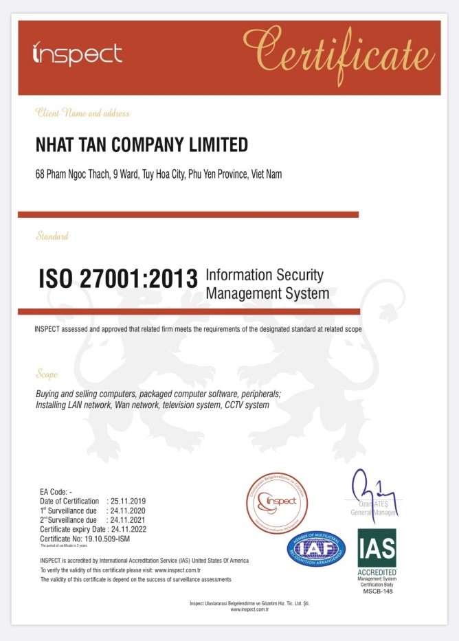 G-Global đã tiến hành đánh giá và cấp giấy chứng nhận ISO 27001:2013 cho Công ty TNHH Nhật Tân