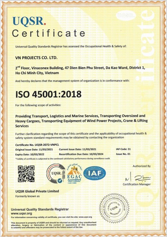 G-GLOBAL đã tiến hành cấp chứng nhận ISO 45001:2018 quốc tế cho Công ty TNHH Vận tải Việt Nam Projects