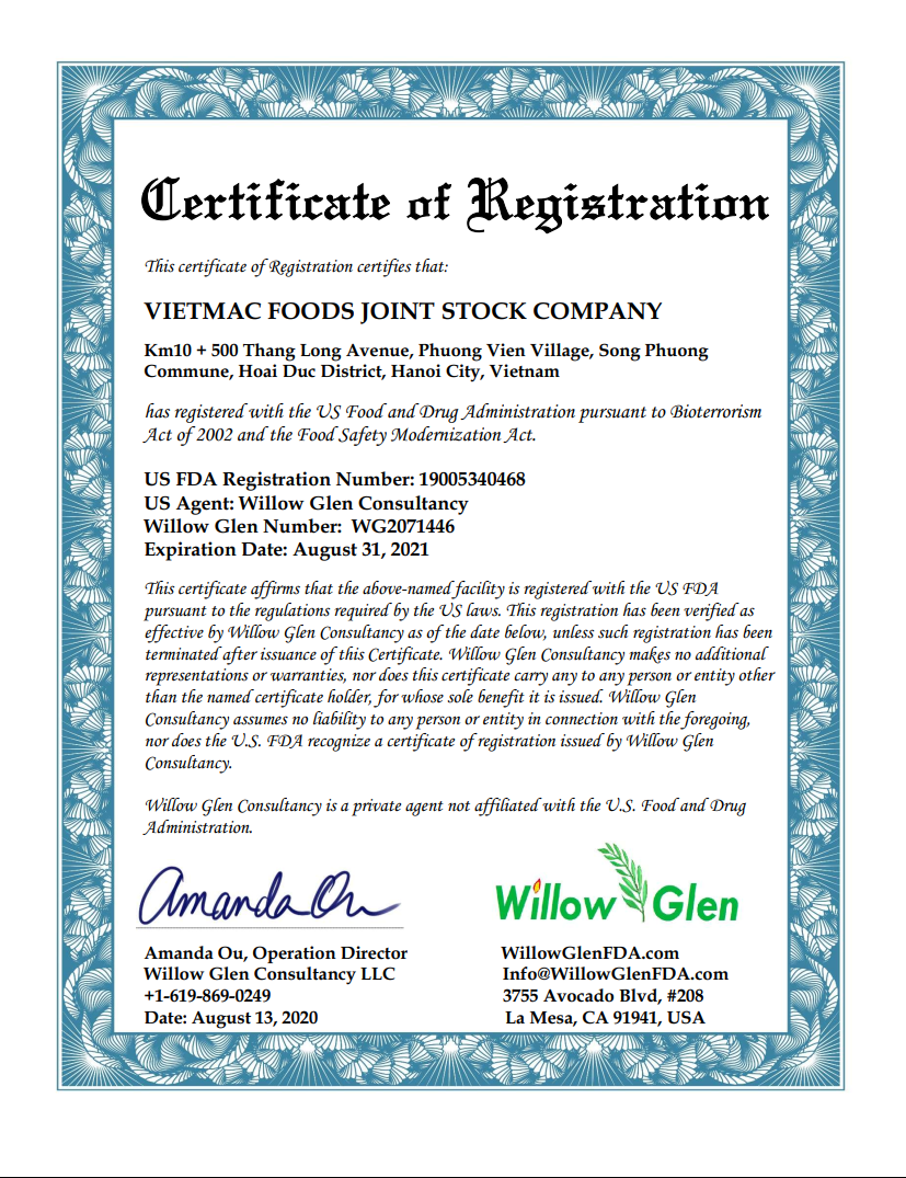 Chứng nhận của khách hàng đăng ký FDA cho thực phẩm tại G-GLOBAL